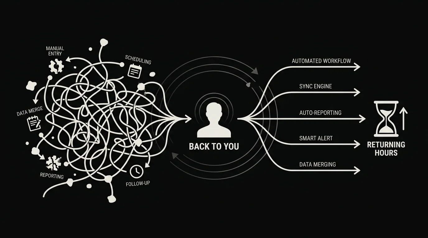 A dark scene of tangled manual tasks on one side resolving into a clean set of automated flows on the other, hours of light returning to a central figure