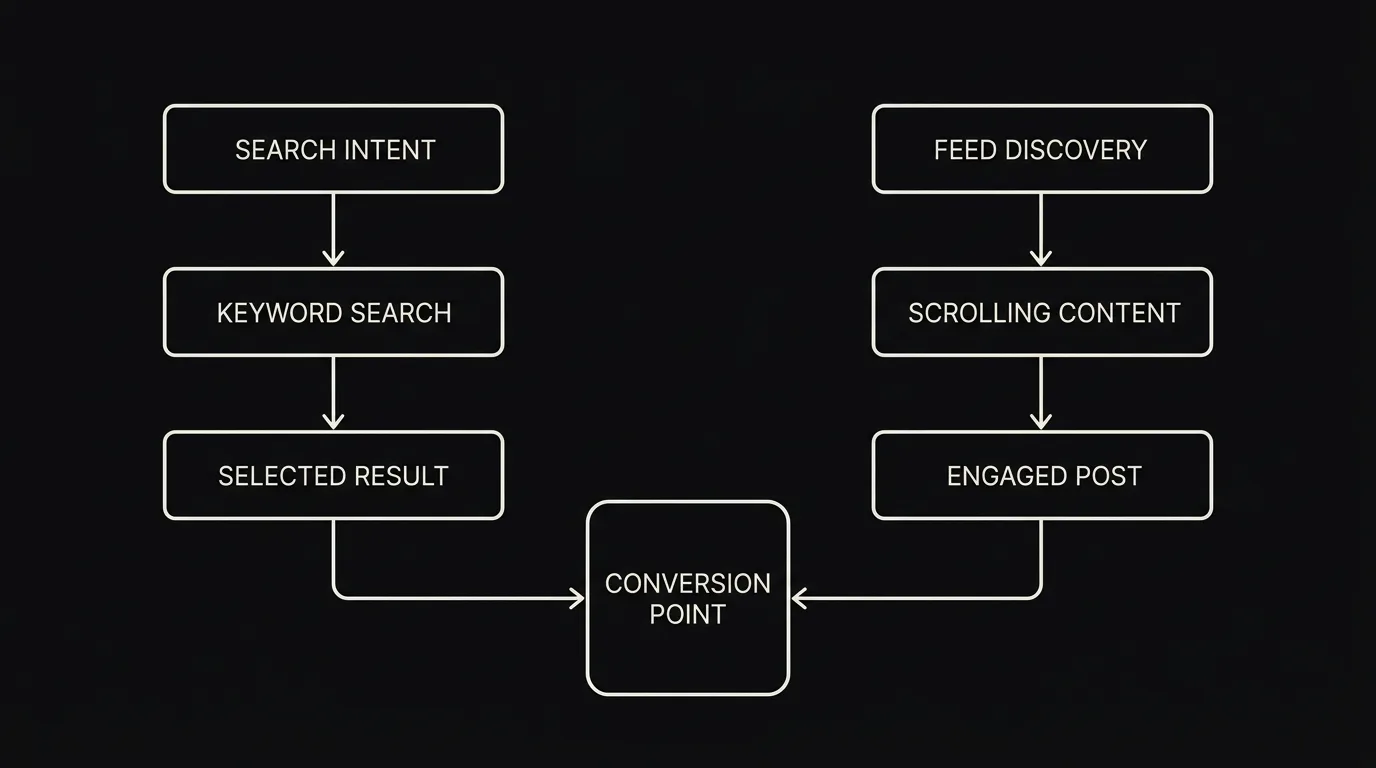 A dark split composition contrasting a search-intent path on one side with a scrolling-feed discovery path on the other, meeting at a single conversion point