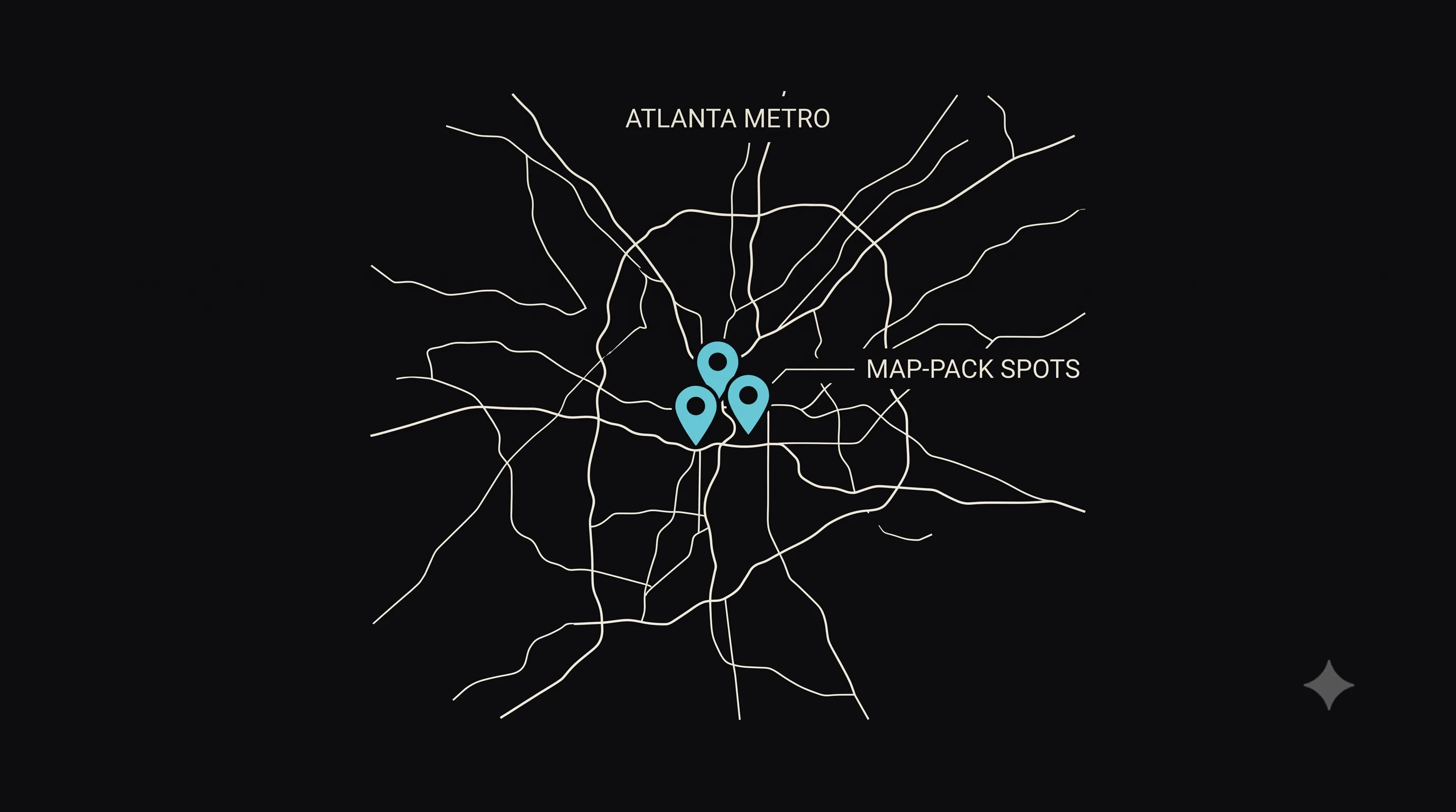 A dark stylized map of the Atlanta metro with three pin markers glowing brightest at the center, representing the three map-pack spots