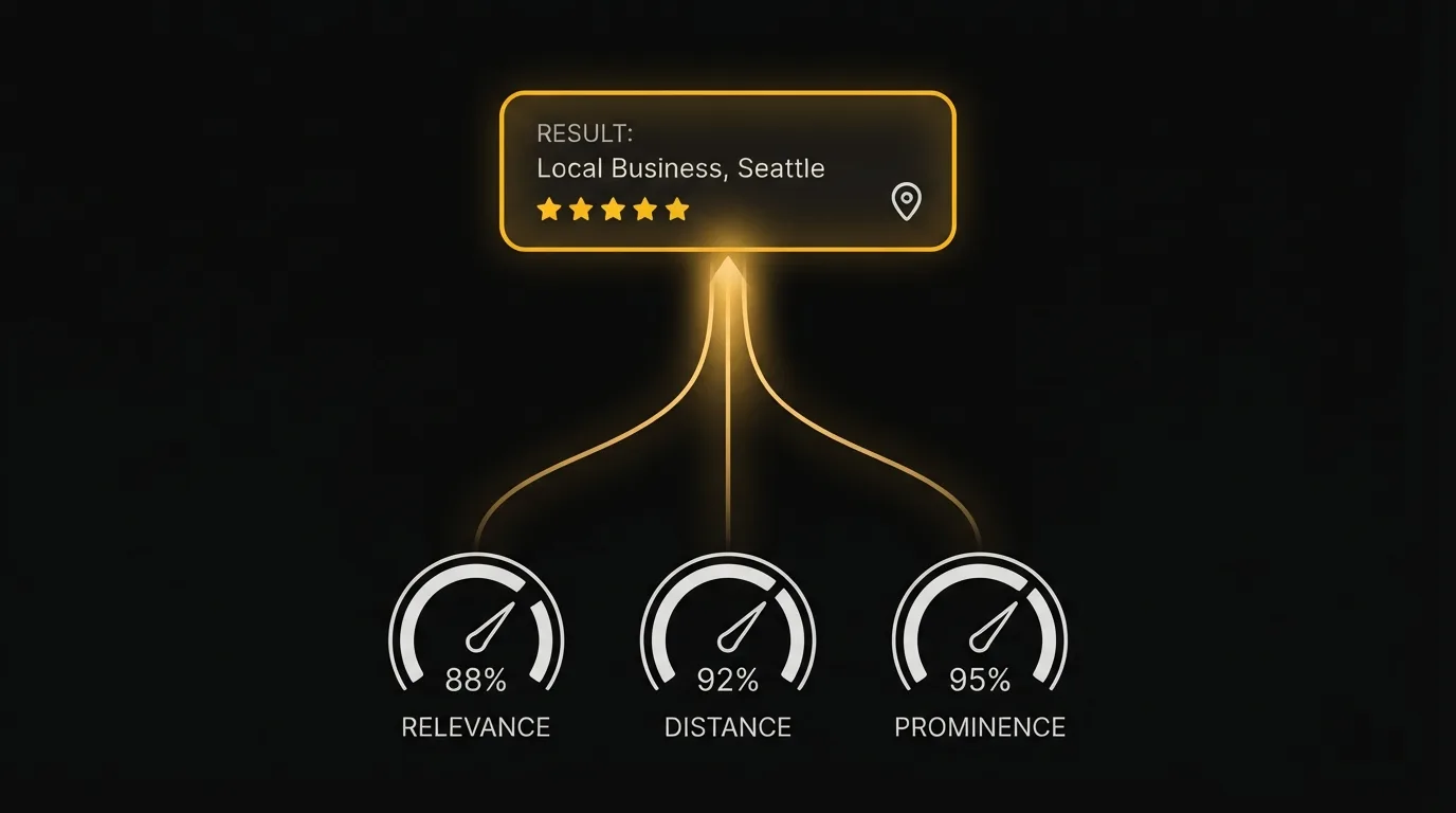 A dark diagram of three ranking dials labeled relevance, distance, and prominence feeding into a glowing map-pack result