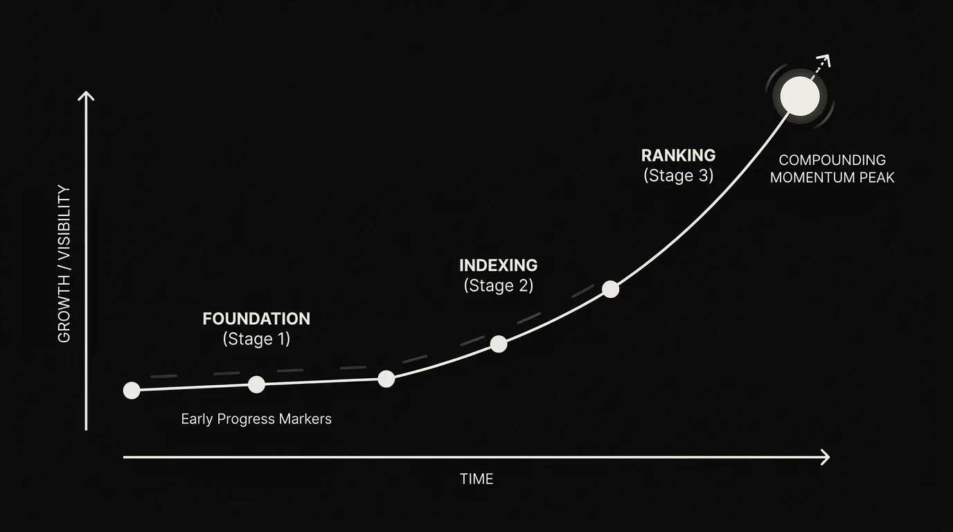 A dark timeline curve climbing in stages from technical fixes to indexing to ranking gains, with early progress markers glowing before the steep climb