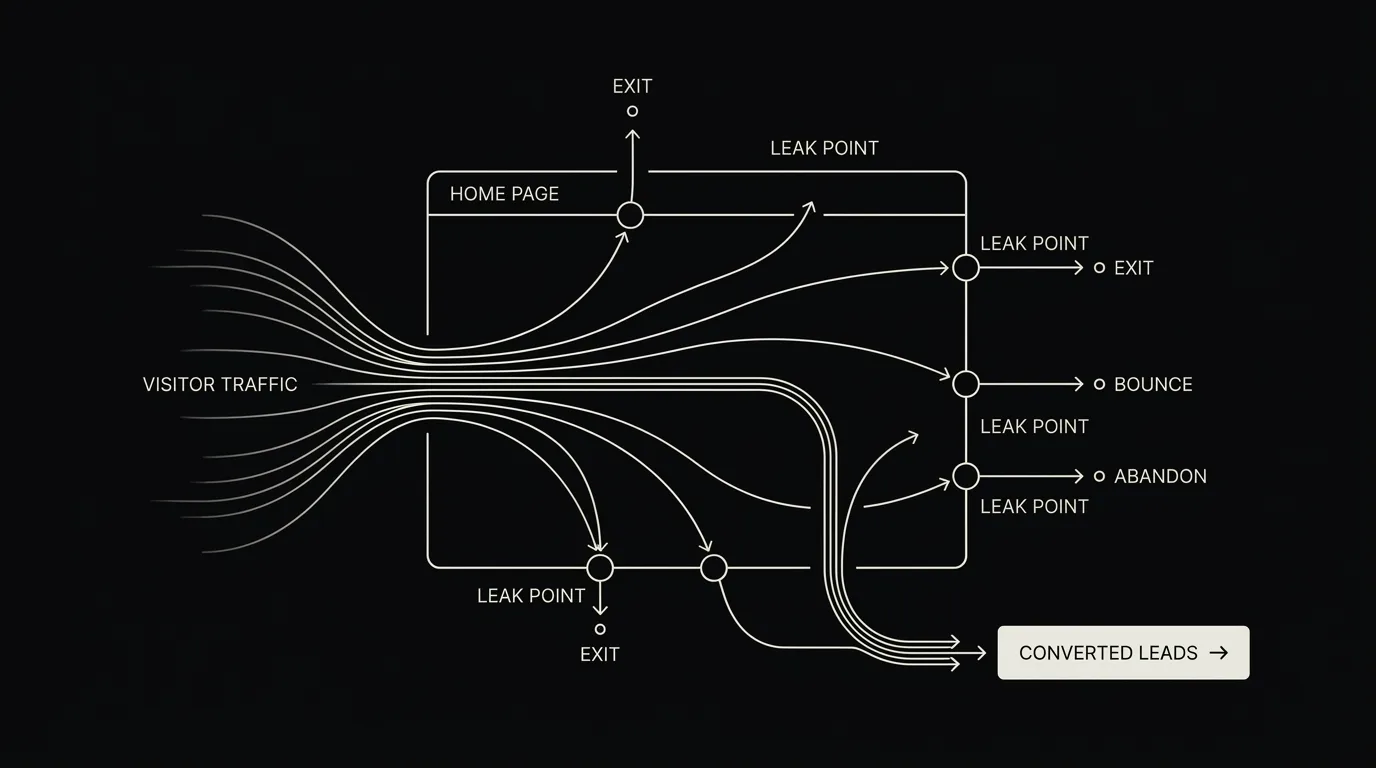 A dark abstract web page silhouette with visitor light trails arriving and most draining away before reaching a single glowing conversion button
