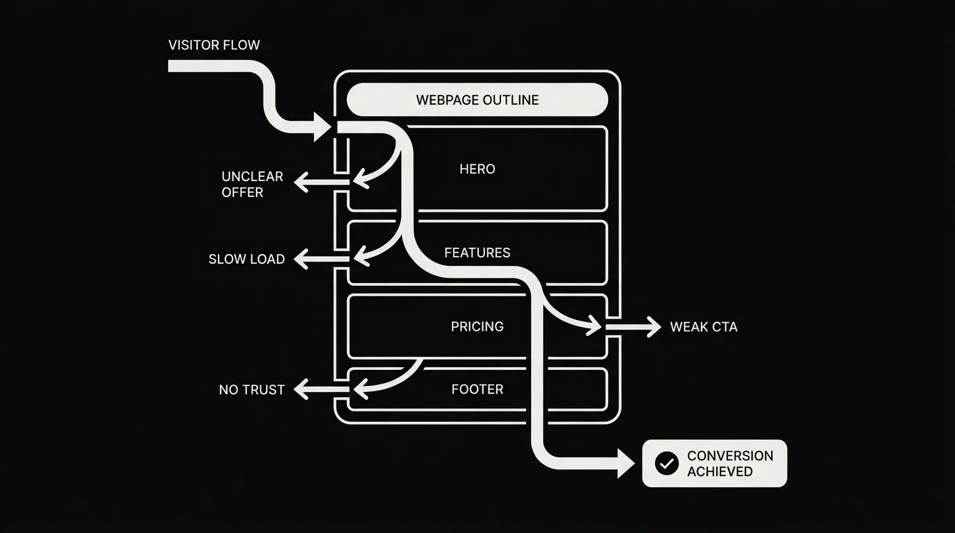 A dark diagram of a page with visitor flow leaking out at points labeled unclear offer, slow load, weak call to action, and no trust, with one path reaching conversion