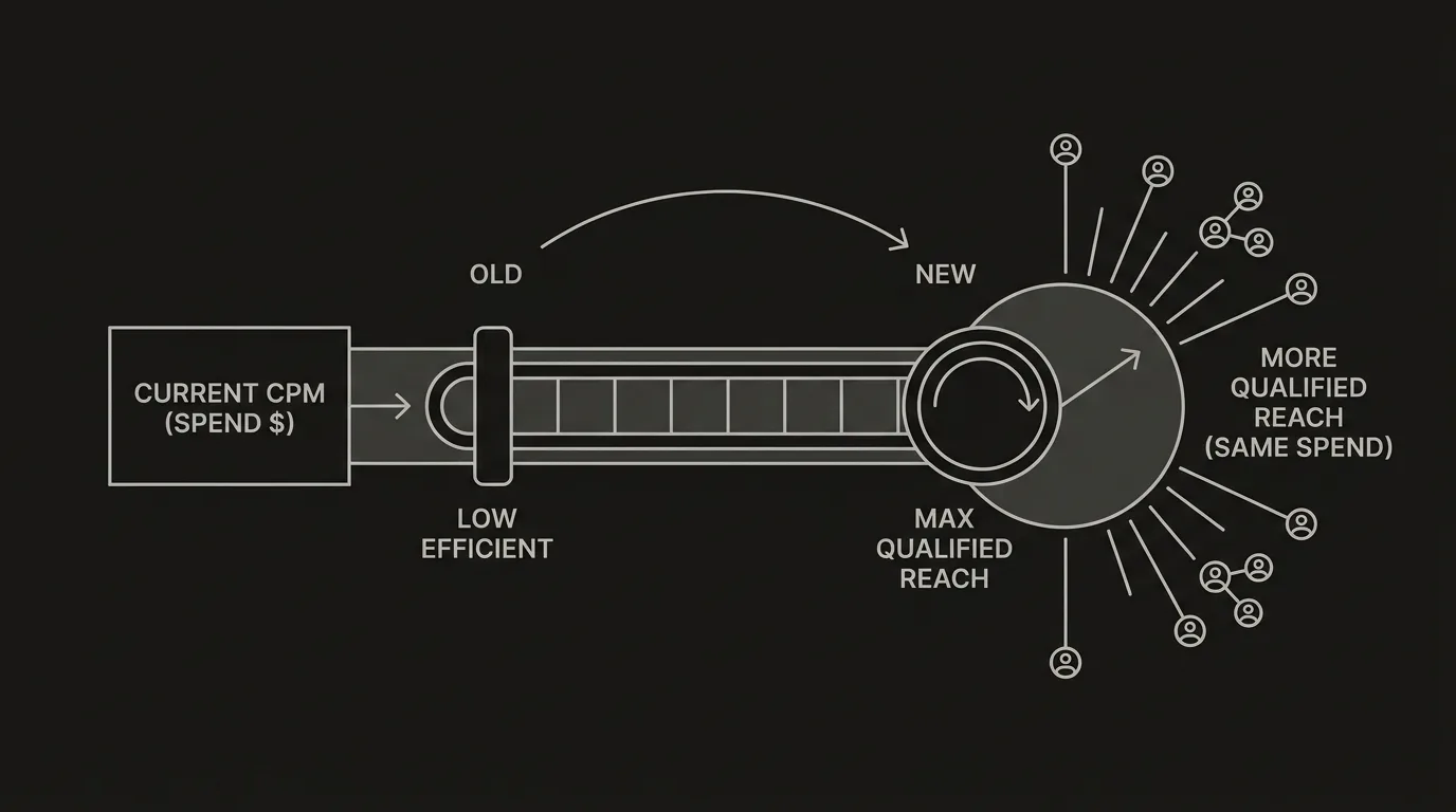 A minimalist glowing lever pushing a wave of light points wider without adding energy, a metaphor for lowering CPM