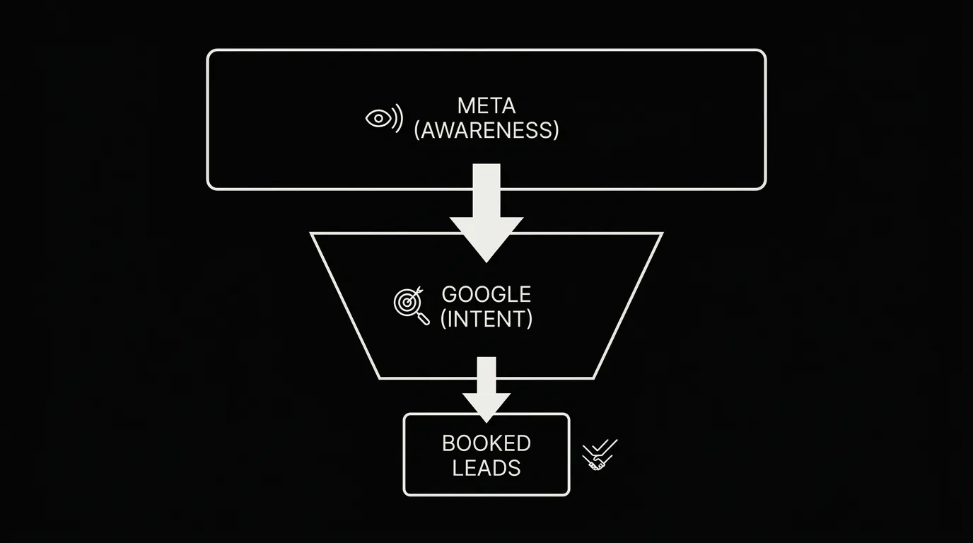 A dark funnel diagram showing Meta feeding awareness at the top and Google capturing intent at the bottom, converging into booked leads