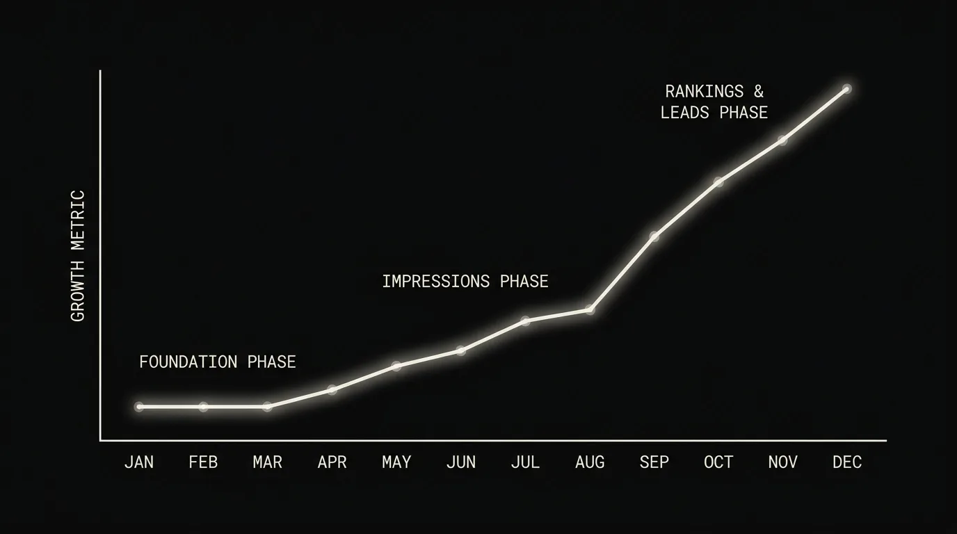 A dark chart showing SEO progress: a flat foundation phase, then impressions rising, then a steeper climb in rankings and leads over 12 months