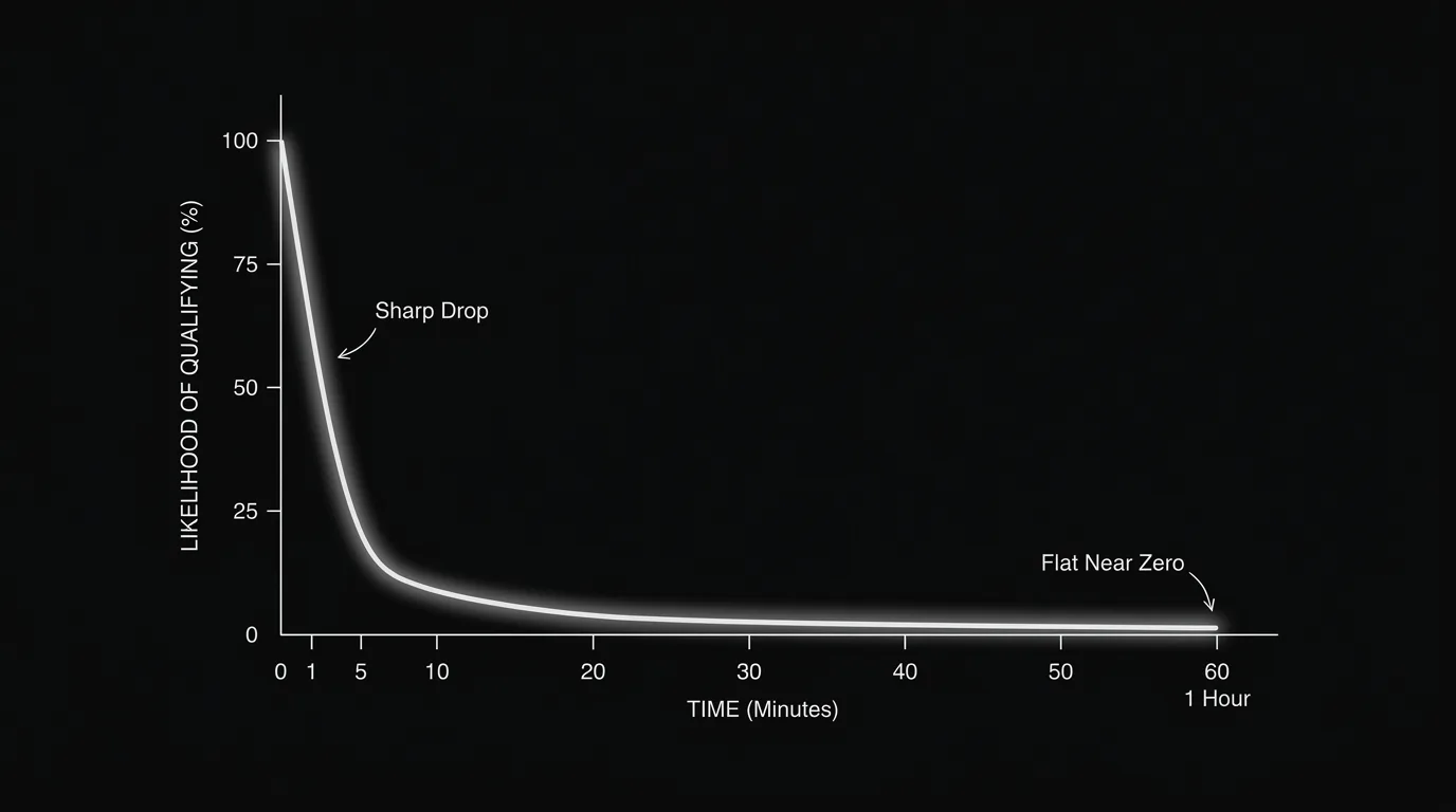 A dark decay curve showing a lead's likelihood of qualifying dropping sharply within the first minutes and flattening near zero after an hour